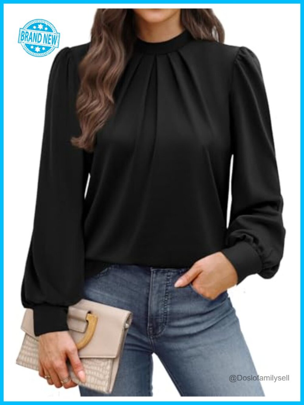 Womens Mock Neck Long Sleeve Pleated Front Blouse